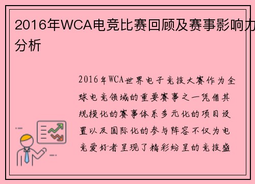 2016年WCA电竞比赛回顾及赛事影响力分析